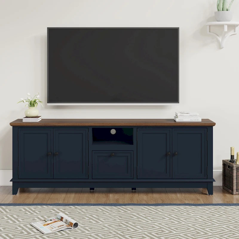Meuble TV rustique de 72 po de largeur avec étagères réglables et rangement dissimulé