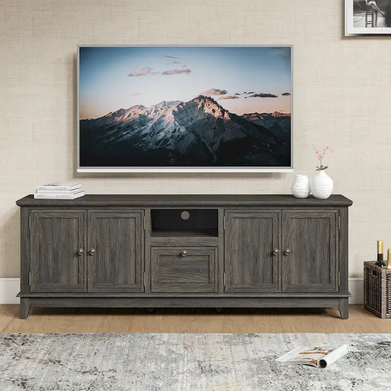 Meuble TV rustique de 72 po de largeur avec étagères réglables et rangement dissimulé