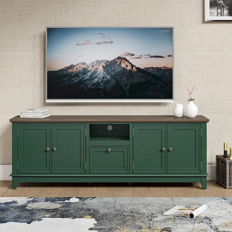 Meuble TV rustique de 72 po de largeur avec étagères réglables et rangement dissimulé