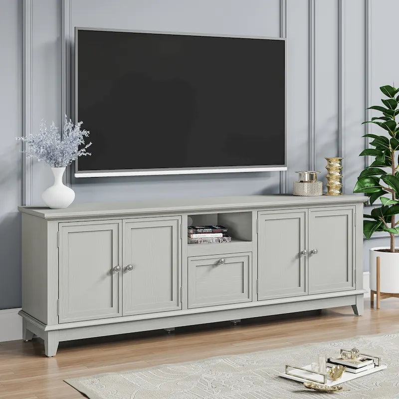 Meuble TV rustique de 72 po de largeur avec étagères réglables et rangement dissimulé