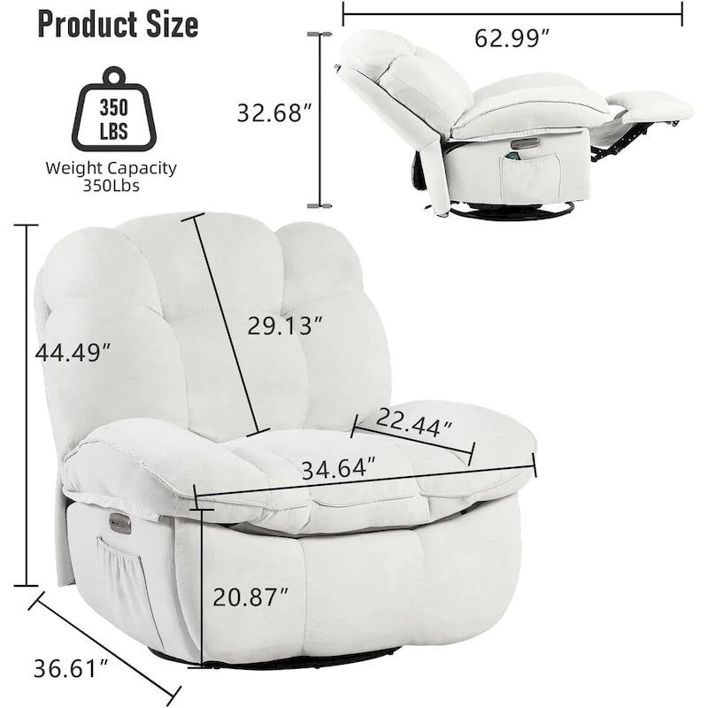 Fauteuil inclinable pivotant XINMICS, Fauteuils inclinables à bascule de massage avec fonction chauffante, ports USB, USB-C et pochette latérale