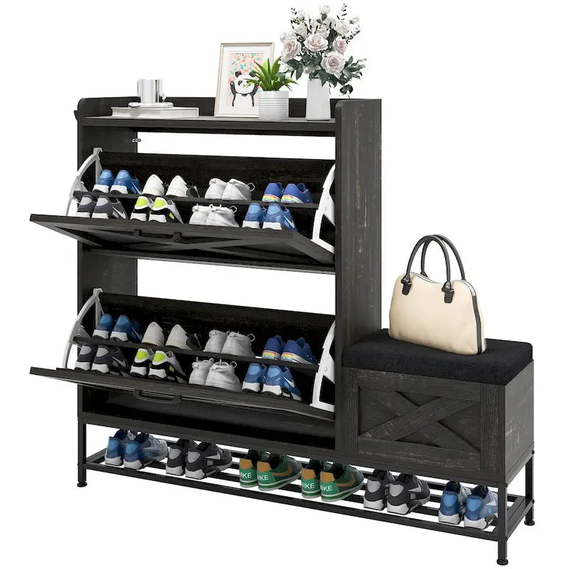 Meuble de rangement à chaussures de ferme avec 2 tiroirs basculants pour 16 paires, rangement à chaussures d'entrée avec banc à chaussures