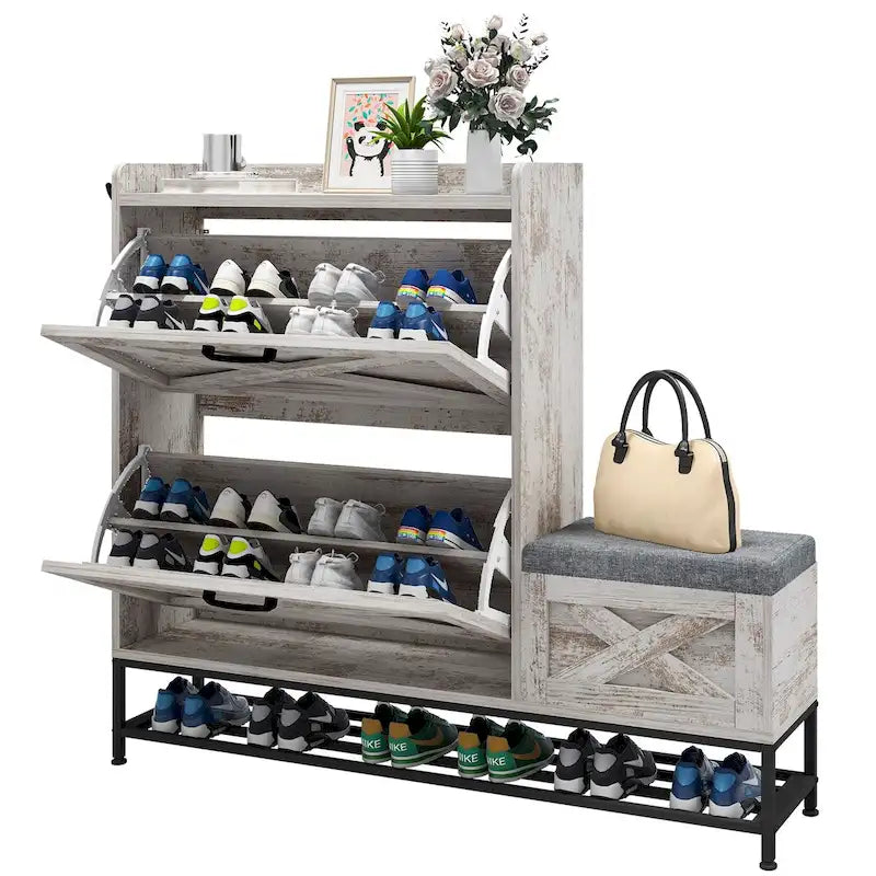 Meuble de rangement à chaussures de ferme avec 2 tiroirs basculants pour 16 paires, rangement à chaussures d'entrée avec banc à chaussures