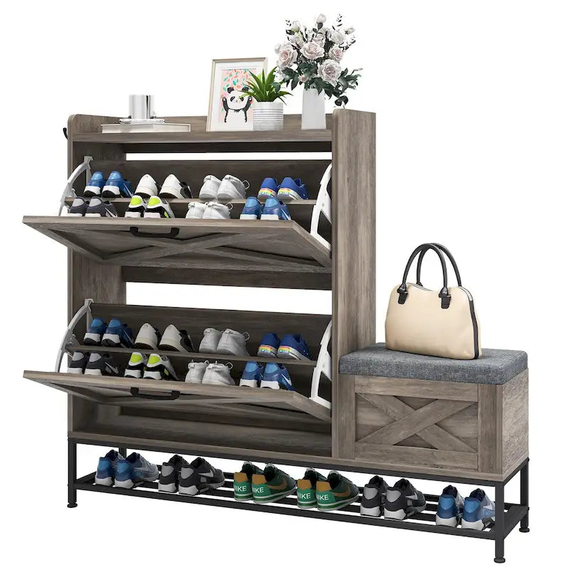 Meuble de rangement à chaussures de ferme avec 2 tiroirs basculants pour 16 paires, rangement à chaussures d'entrée avec banc à chaussures