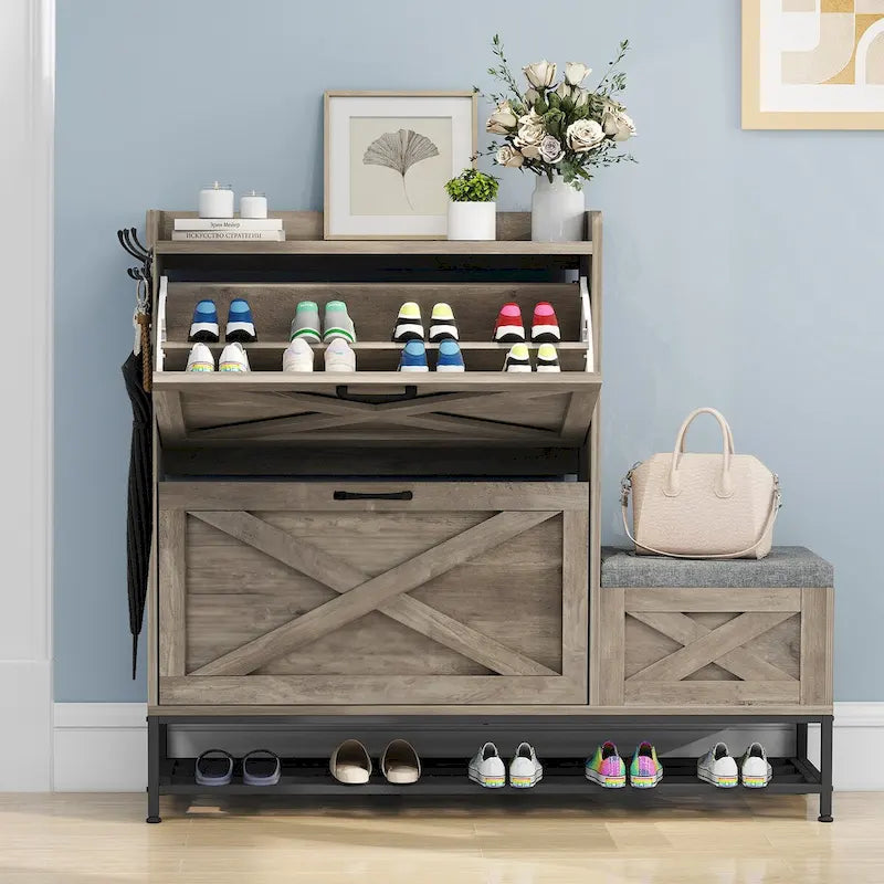 Meuble de rangement à chaussures de ferme avec 2 tiroirs basculants pour 16 paires, rangement à chaussures d'entrée avec banc à chaussures