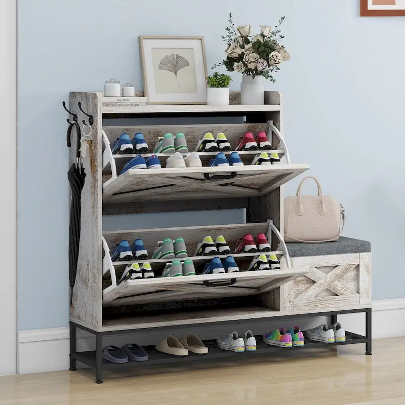 Meuble de rangement à chaussures de ferme avec 2 tiroirs basculants pour 16 paires, rangement à chaussures d'entrée avec banc à chaussures