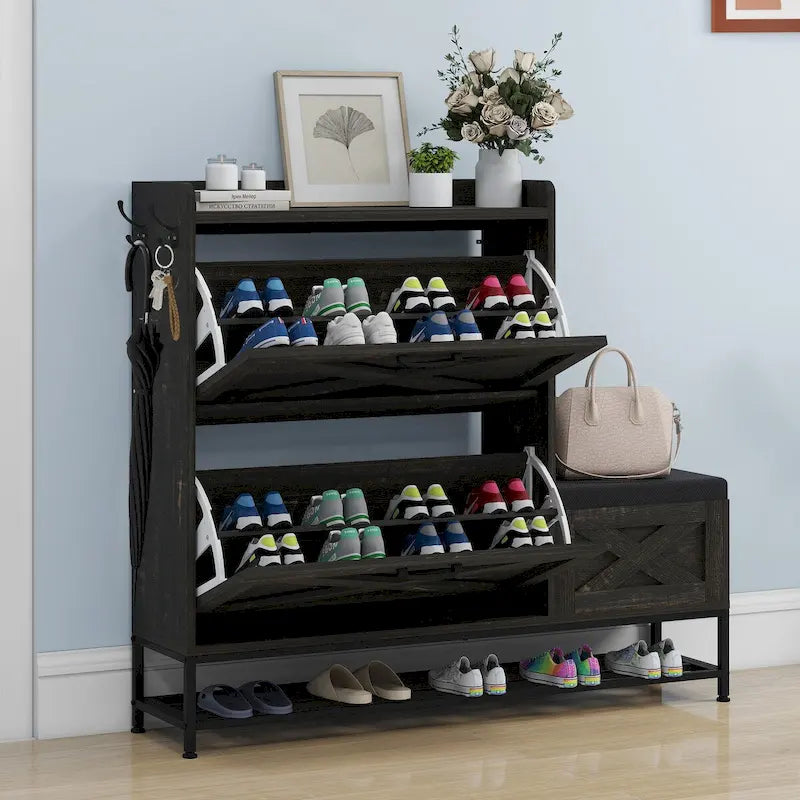 Meuble de rangement à chaussures de ferme avec 2 tiroirs basculants pour 16 paires, rangement à chaussures d'entrée avec banc à chaussures