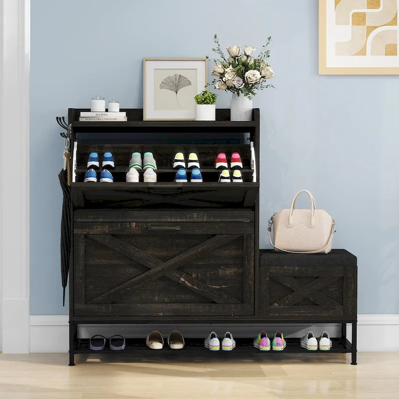 Meuble de rangement à chaussures de ferme avec 2 tiroirs basculants pour 16 paires, rangement à chaussures d'entrée avec banc à chaussures