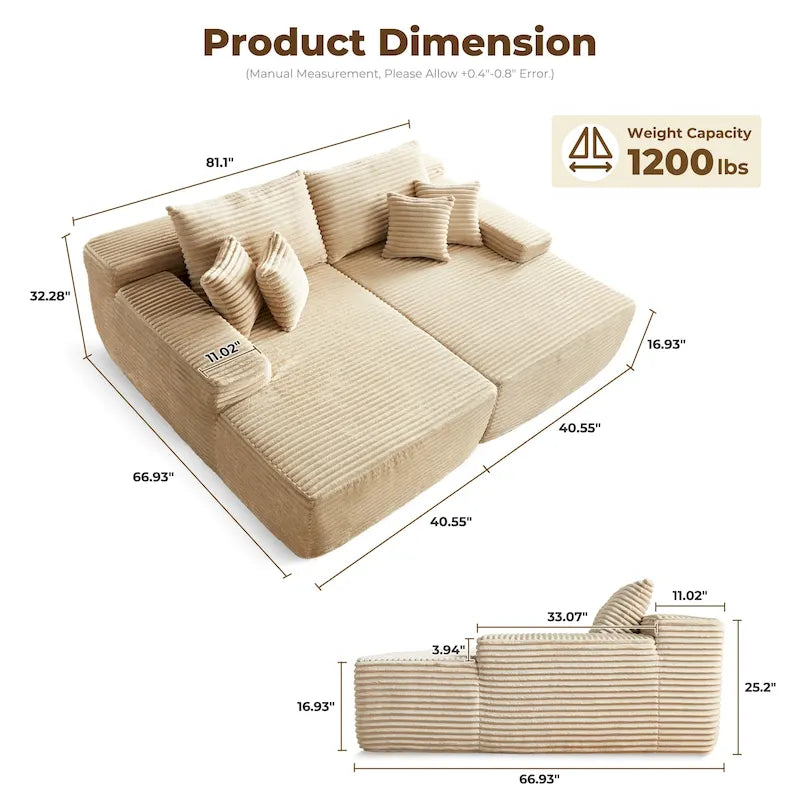 Longue méridienne double en peluche, aucun assemblage requis