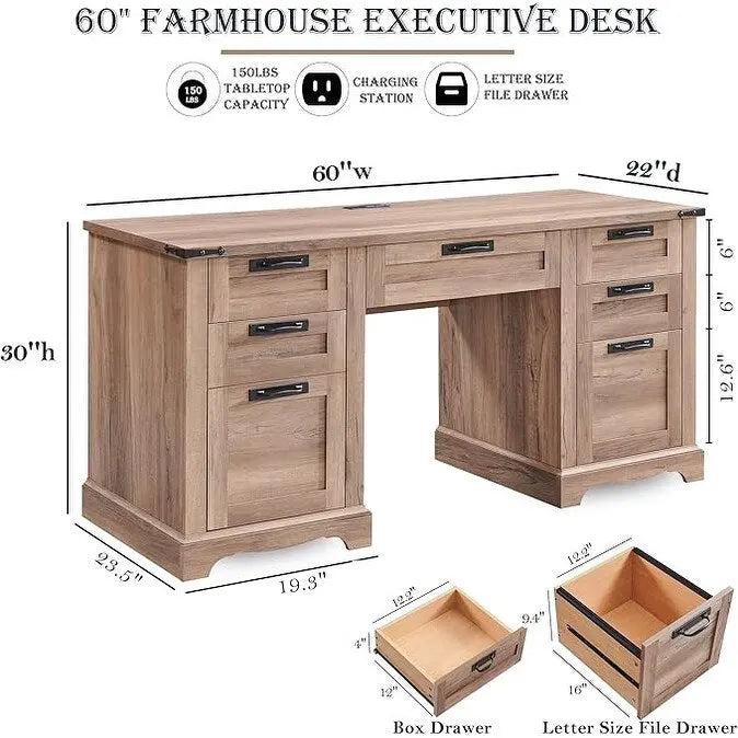 Bureau de direction de ferme de 60 po, Bureau d'ordinateur de maison en bois