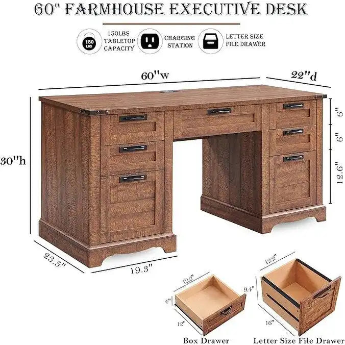 Bureau de direction de ferme de 60 po, Bureau d'ordinateur de maison en bois