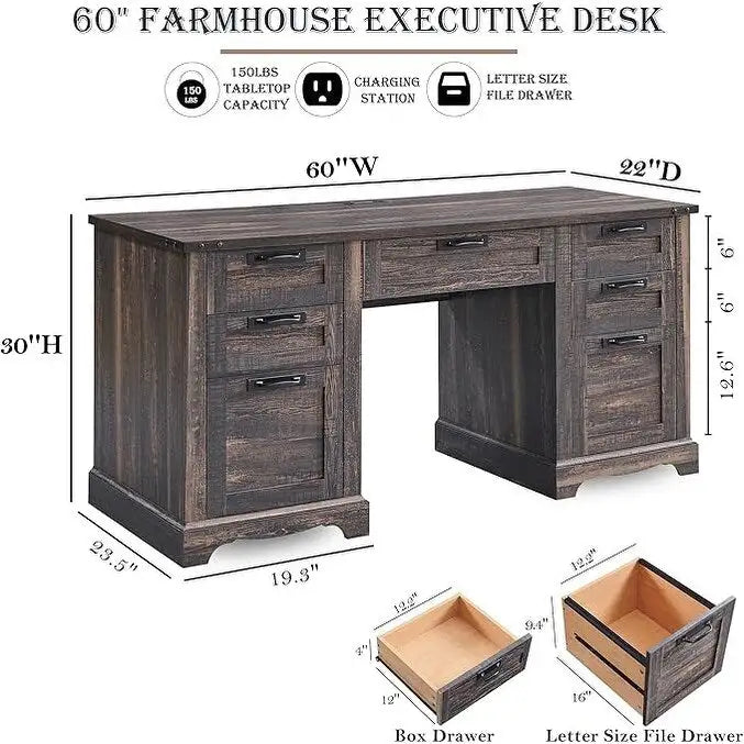 Bureau de direction de ferme de 60 po, Bureau d'ordinateur de maison en bois